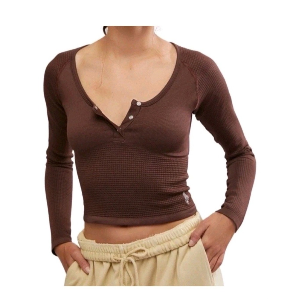 FP Movement Free People Free Throw Henley Long Sleeve‎ Brown Open Back Crop M/L
